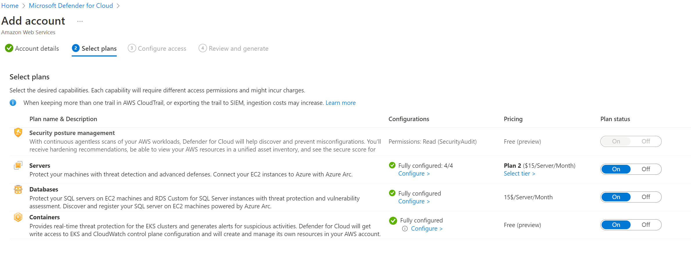 Enable Defender plans in AWS